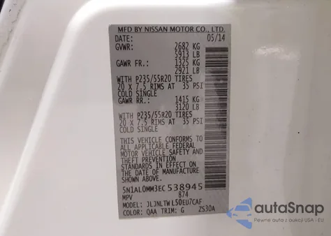 2014 Infiniti Qx60 из США, поврежденный, VIN 5N1AL0MM3EC538945